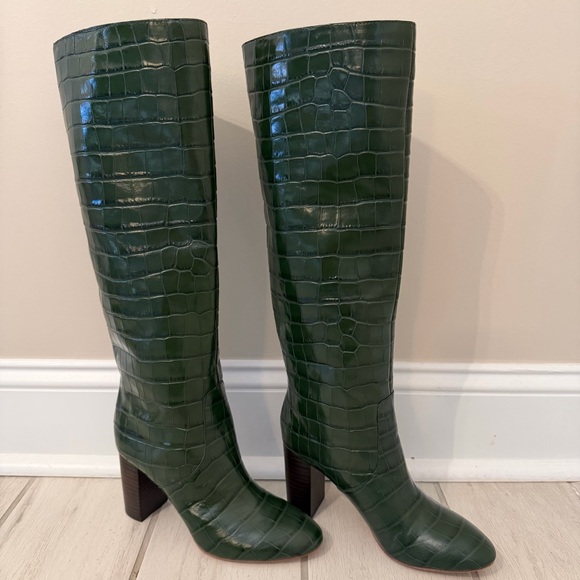 Loeffler Randall Tall Goldy Leather Croc Forest Green Heel Knee Boot Pull On 6 - Picture 5 of 14